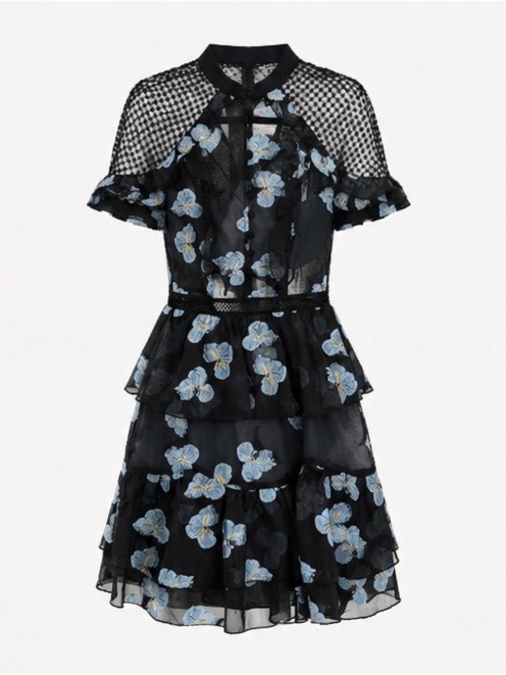 Self-Portrait Black Mini Dress with Blue Floral Embroidery